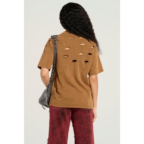 AKIRA Freedom Oversized Tee Size L Motorcycle Distressed Brown T-Shirt W/Chains - Picture 2 of 13